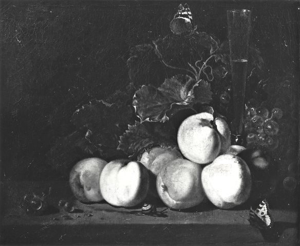 Anonimo — Kalraet Abraham Pietersz van - sec. XVII/ XVIII - Natura morta con frutta, bicchiere e farfalle — insieme